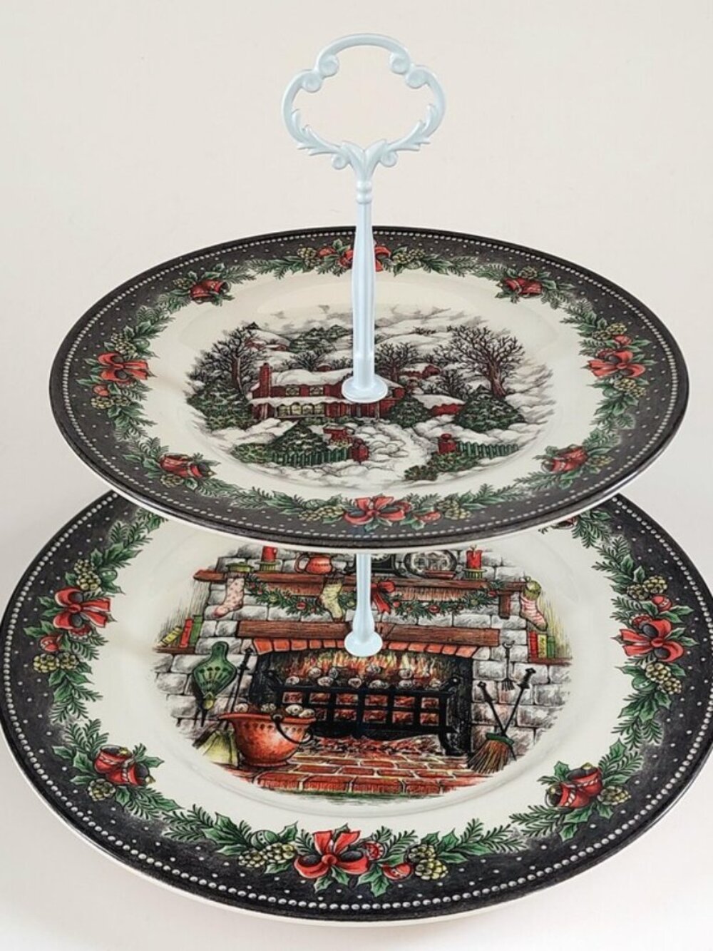 Handmade 2 Tiered Holiday Dessert Stand Royal Stafford Christmas Morning